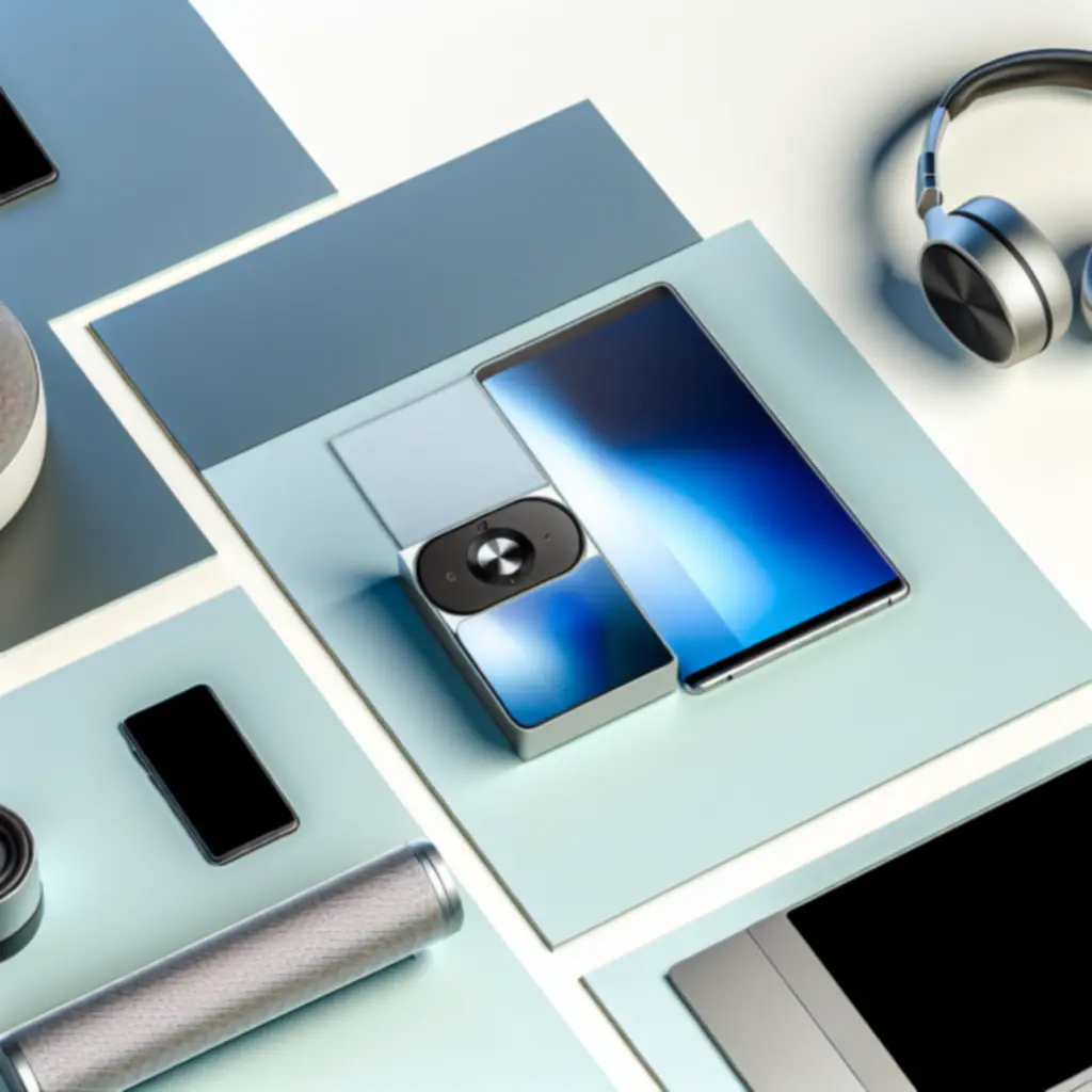 Zestaw urządzeń: smartfon, słuchawki, laptop i sprzęt RTV na tle futurystycznego interfejsu