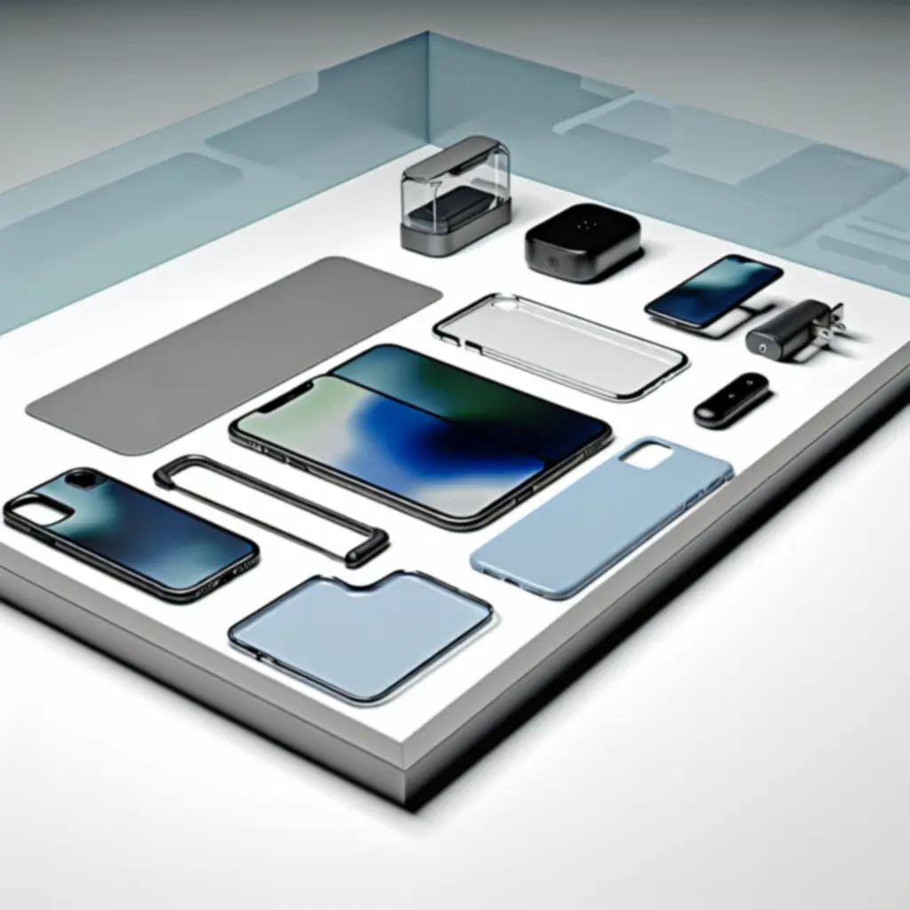 Zestaw nowoczesnych akcesoriów do smartfonów: etui, szkła i ładowarki