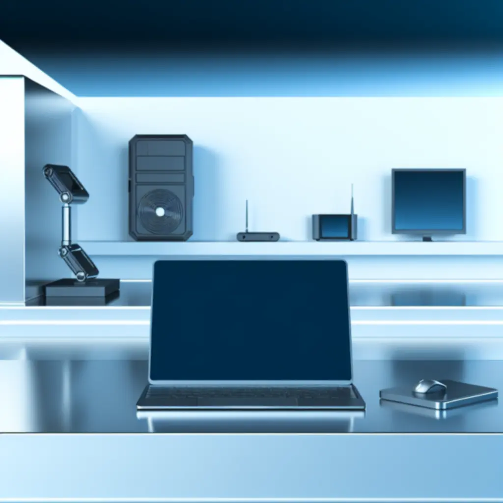 Nowoczesny laptop na tle futurystycznego, technologicznego motywu