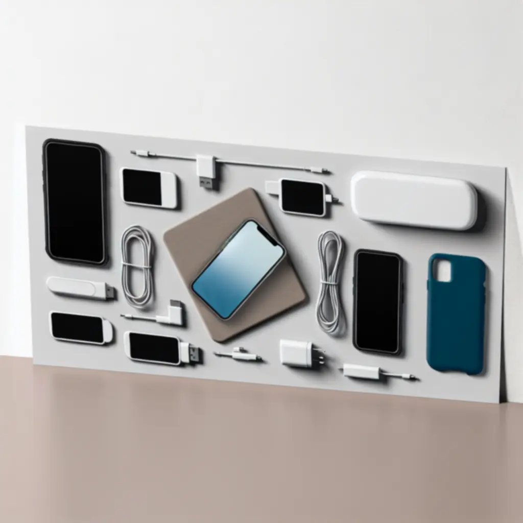 Zestaw akcesoriów do smartfonów, w tym etui, ładowarki i słuchawki, ułożonych w nowoczesnej kompozycji.