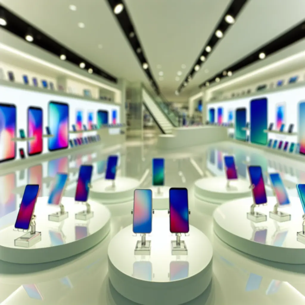 Nowoczesna ekspozycja katalogu smartfonów ElectroTechra na ciemnym, technologicznie inspirowanym tle.